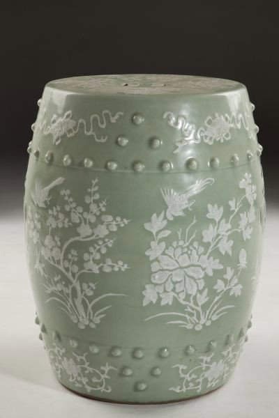 Chinese Export Porcelain Celadon Garden Seat: Chinese Export Porcelain Celadon Garden Seat with pate sur pate decoration in a floral motif. 19 x 13.5 in. Collection of Mrs. Thomas H. Briggs, Raleigh, North Carolina and thence by descent through h