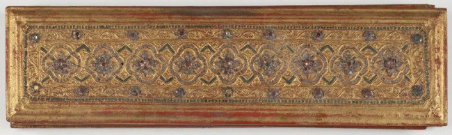 Burmese Buddhist Kammawa-sa Manuscript: Burmese Buddhist Kammawa-sa Manuscript Mandalay Period, 19th century, a gilt and lacquered palm leaf scriptural book written in Pali, consisting of 14 text pages and two carved board covers with addit