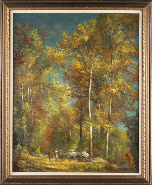 Bertus Pietersz (NH, 1869-1938), Plein Air Studio: Bertus Pietersz (NH, 1869-1938), Plein Air Studio oil on canvas, signed at lower right "B. Pietersz," two figures are depicted within a forest interior ablaze in autumnal hues, housed in a later wood 