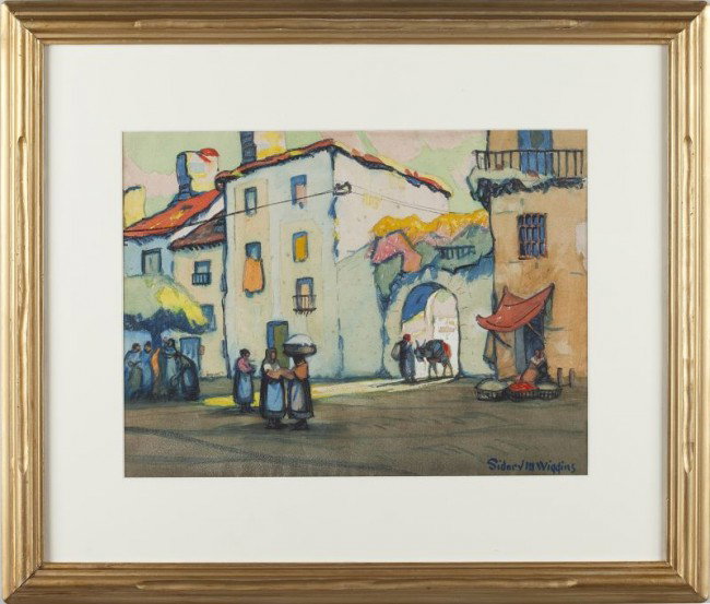 Sidney Wiggins (NY, 1881-1940), Moroccan Square: Sidney Wiggins (NY, 1881-1940), Moroccan Square watercolor & gouache on paper, signed at lower right "Sidney M. Wiggins," matted and framed under glass in appropriate gilt frame. SS 13 x 17.75 in.; DO