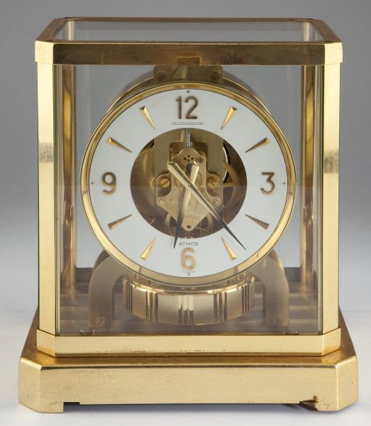 Jaeger-LeCoultre 15 Jewel Atmos Clock: Jaeger-LeCoultre 15 Jewel Atmos Clock Swiss, serial #418141 on the movement, brass and glass construction, atmospheric regulation, scarcer model having an adjustable level on the base. 9 x 8 x 6 in. F