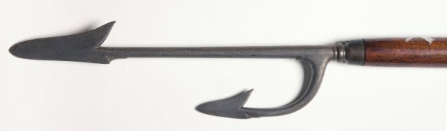 Antique Indo-Persian Double-Barbed Lance: Antique Indo-Persian Double-Barbed Lance 18th - 19th century, slightly tapered polished wooden shaft, brass ferrule, water pattern Damascus steel head having central barbed point above a secondary poi