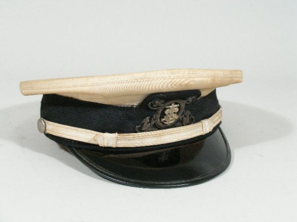 Vintage Boy Scout Sea Scout Visor Hat,: Boy Scout Sea Scout Visor Hat, ink date to interior "1941," white cotton, black patent leather visor, bamboo frame, silver metal "BSA" insignia and anchor, interior label "Brunssen New York, N.Y.," OL