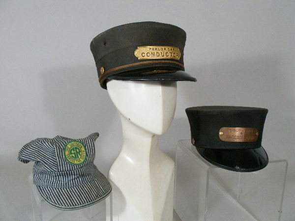 Group of Three Vintage Southern Railroad Hats,: Group of Three Southern Railroad Hats, a 1940s faded black silk hat w/gold colored Southern buttons and oblong badge "Parlor Car Conductor" (loss to underside of visor rim); the second is a 1950s blac