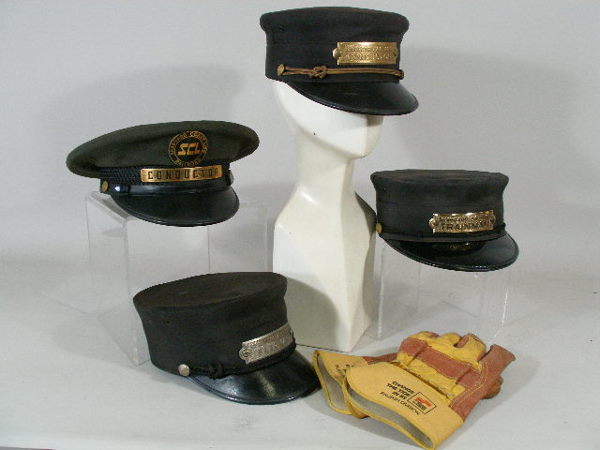Five Vintage Seaboard Items,: Five Seaboard Items, the first a 1940s flagman hat, black silk w/some fracturing, size 6 7/8; a 1950s trainman hat, black silk, silk w/wear and sweatband torn, size 7; the third a 1940s conductor hat