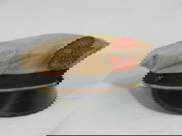 Vintage Flying A Service Station Visor Hat,: Flying A Service Gas Station Attendant Visor Hat, 1940s, tan cotton w/black leather visor and chinstrap, cardboard frame, embroidered patch w/logo, size 7 3/8; stained fabric, missing chinstrapEst. 75