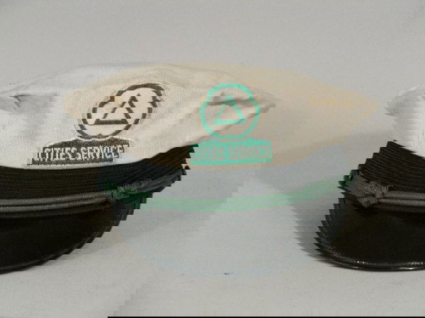 Vintage Cities Service Attendant Visor Cap,: Cities Service Gas Station Attendant Visor Cap, 1950s-60s, white cotton w/black patent visor, green rope chinstrap, embroidered patch w/logo, size 7 1/4 Est. 75-150