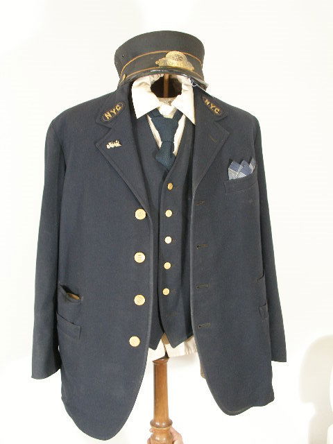 Vintage NY Central RR Conductor Visor Pillbox: New York Central Railroad Conductor Visor Pillbox Hat and Uniform, 1940s, hat of black silk w/black leather visor, silk band w/gold piping, metal badge "New York Central System Conductor," manufacture