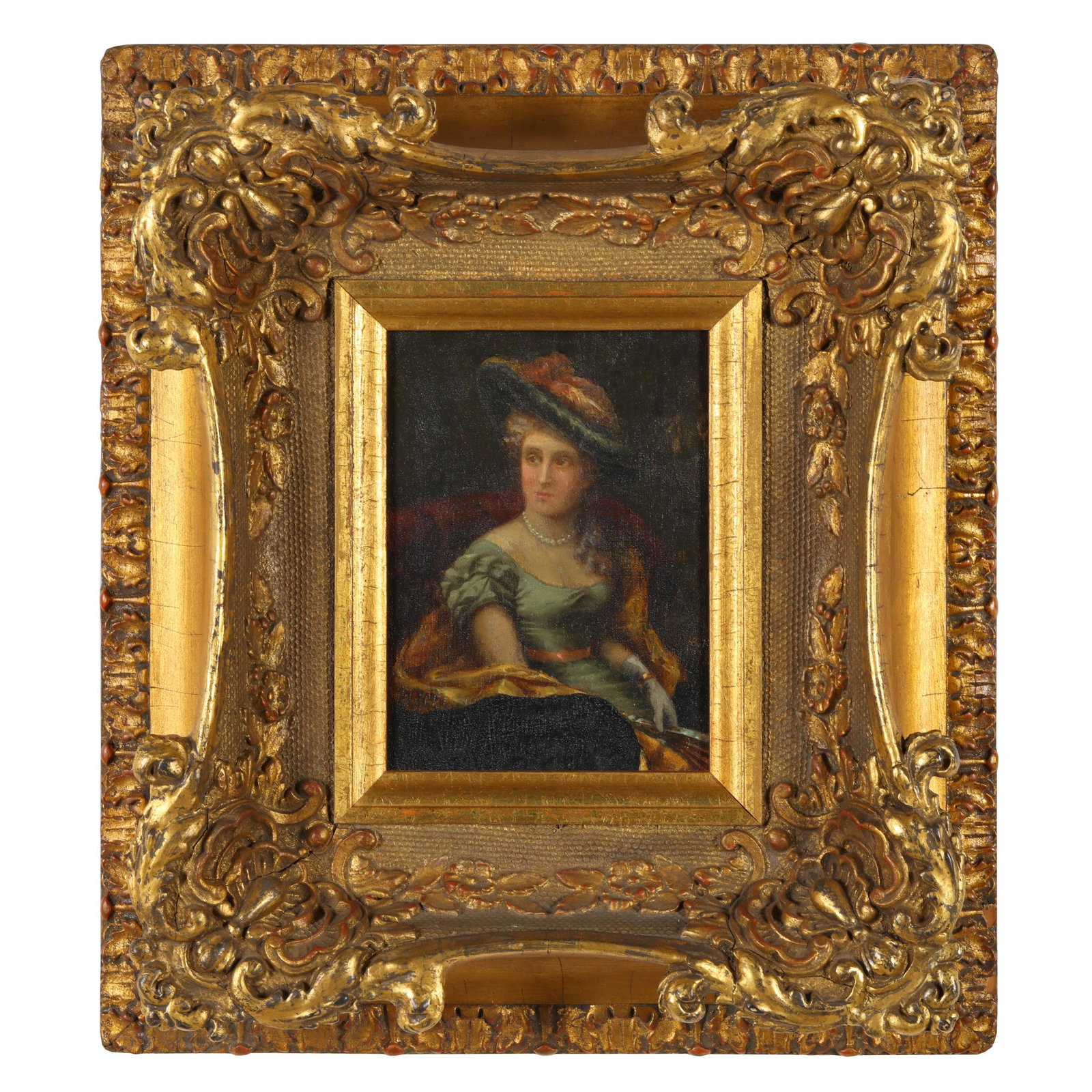 Continental School (late 19th century), Portrait of a: Continental School (late 19th century), Portrait of a Seated Woman with Fan oil on board, the sitter in an elegant blue dress and hat, appears unsigned, faint illegible graphite inscription to board r