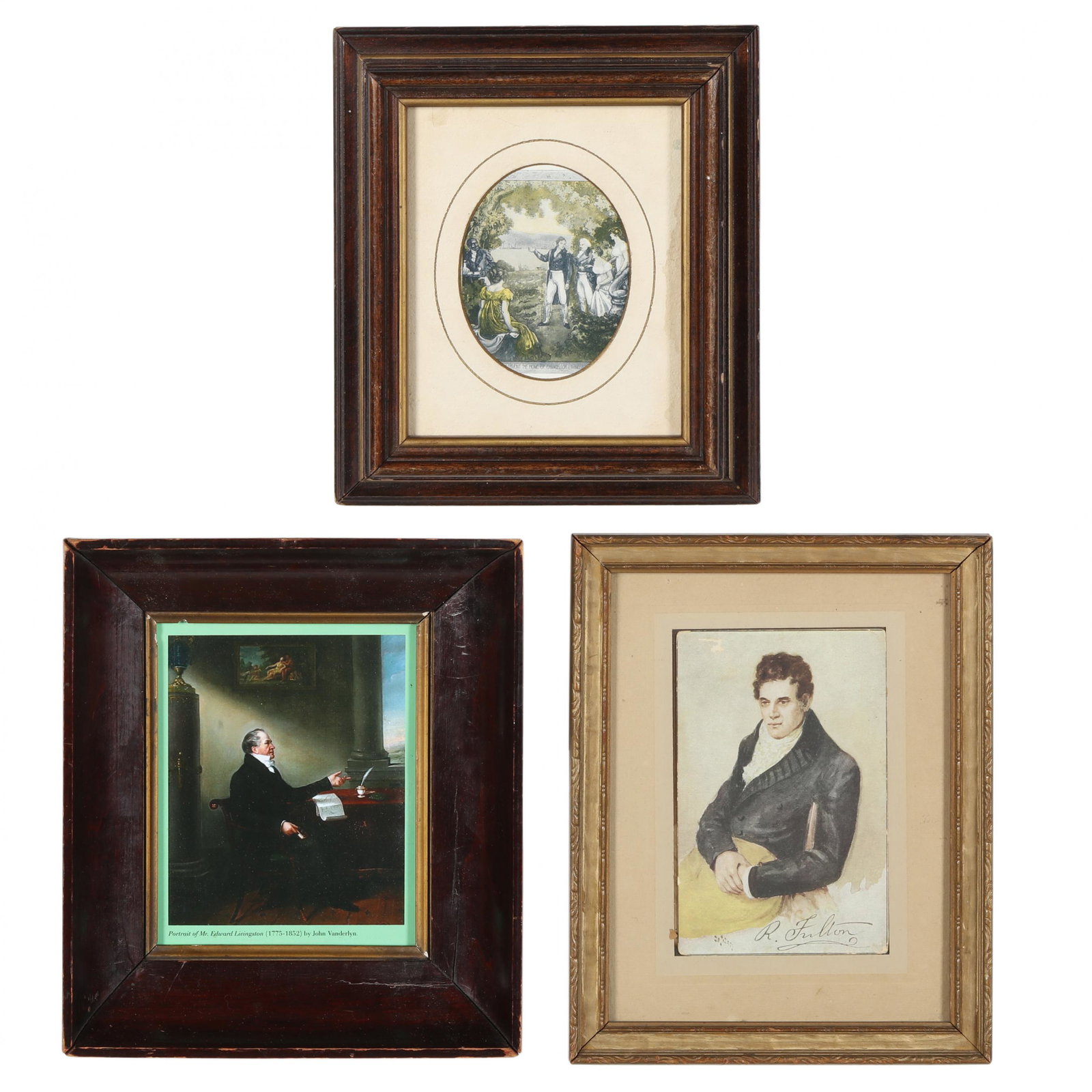 Three Vintage Miniature Prints after Regency Paintings: Three Vintage Miniature Prints after Regency Paintingsframed reproduction prints, second or third quarter 20th century. Accompanying the print of Robert Fulton is text on the American inventor and eng