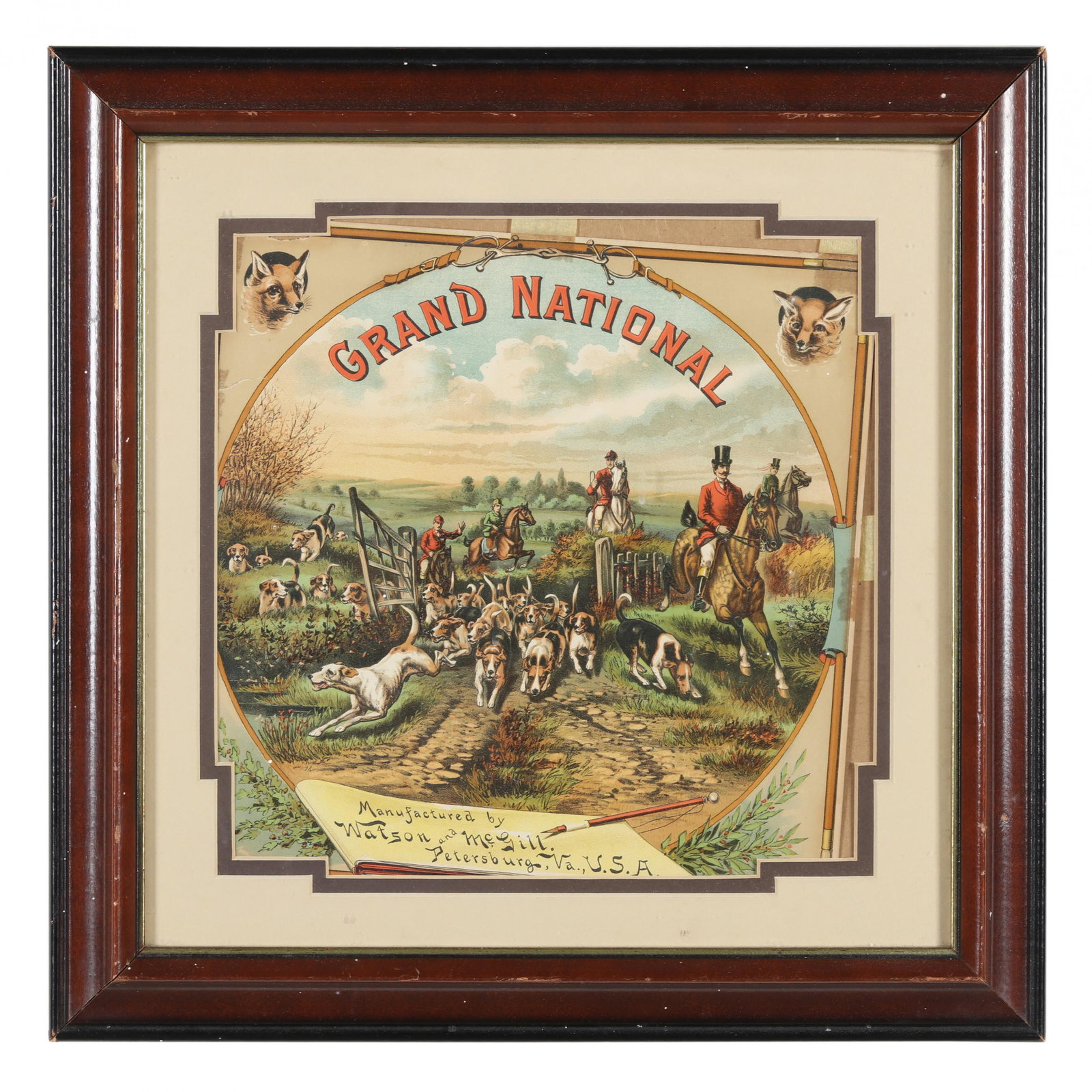 Grand National Brand Antique Framed Tobacco Label: Grand National Brand Antique Framed Tobacco Labelchromolithographic label, circa 1880-1900, printed by Watson & McGill, Petersburg, Virginia, in shaped matting and framing. Frame dimensions 15 1/2 x 1