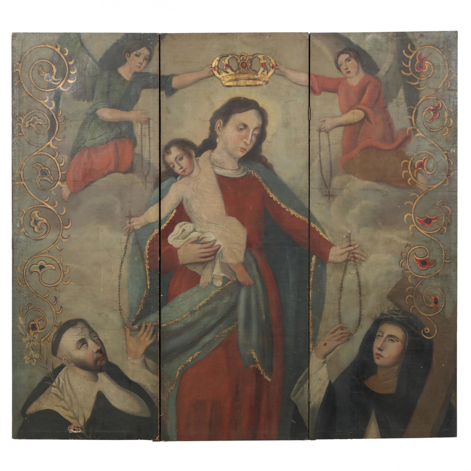 Continental School (19th century), Triptych of the: Continental School (19th century), Triptych of the Madonna and Child with Saints oil on canvas, mounted to a hinged triptych frame, continuous scene depicting two angels crowning the Madonna and Child
