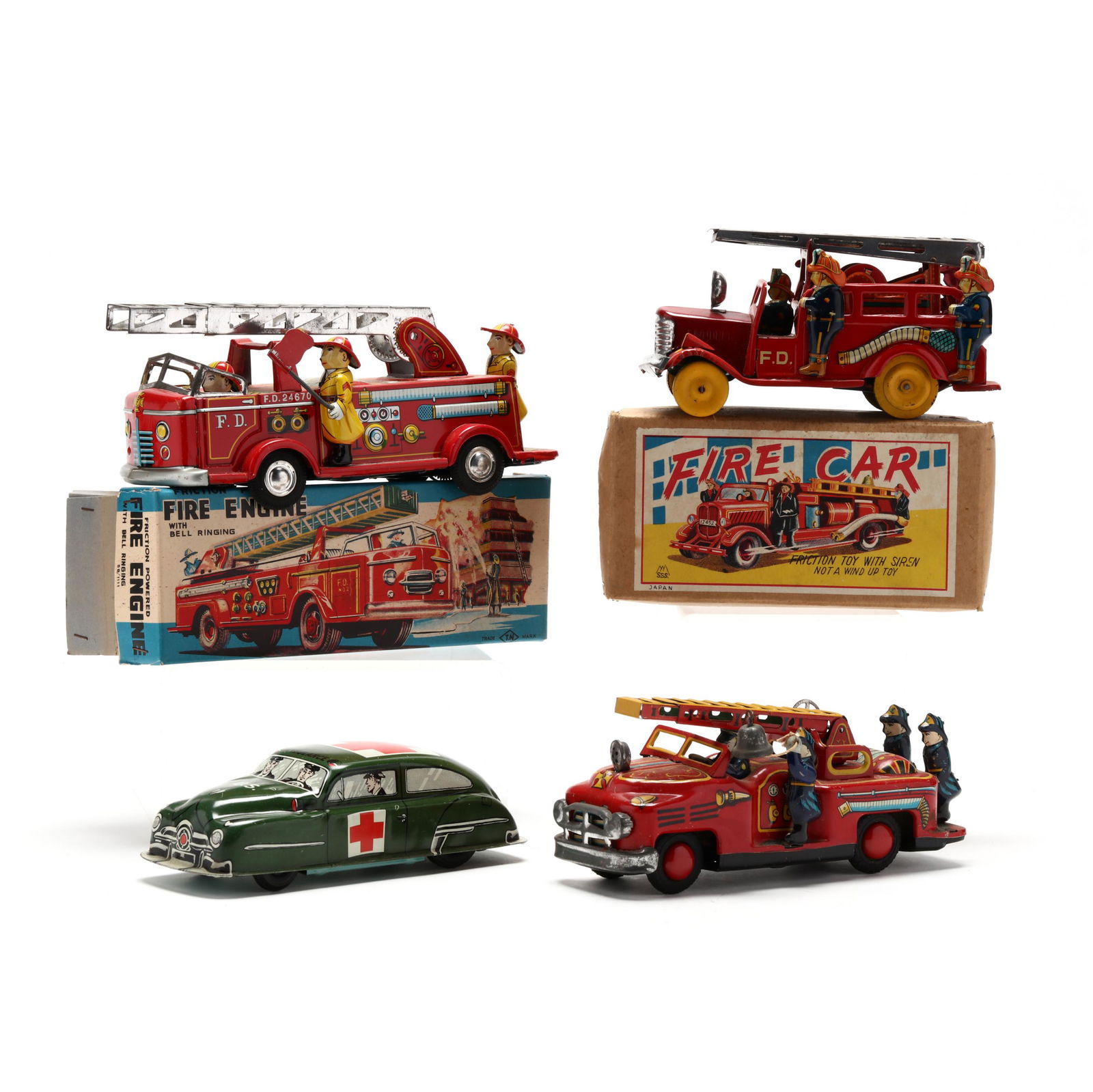 Three Vintage Tin Litho Fire Vehicles and an Ambulance (1 of 5)