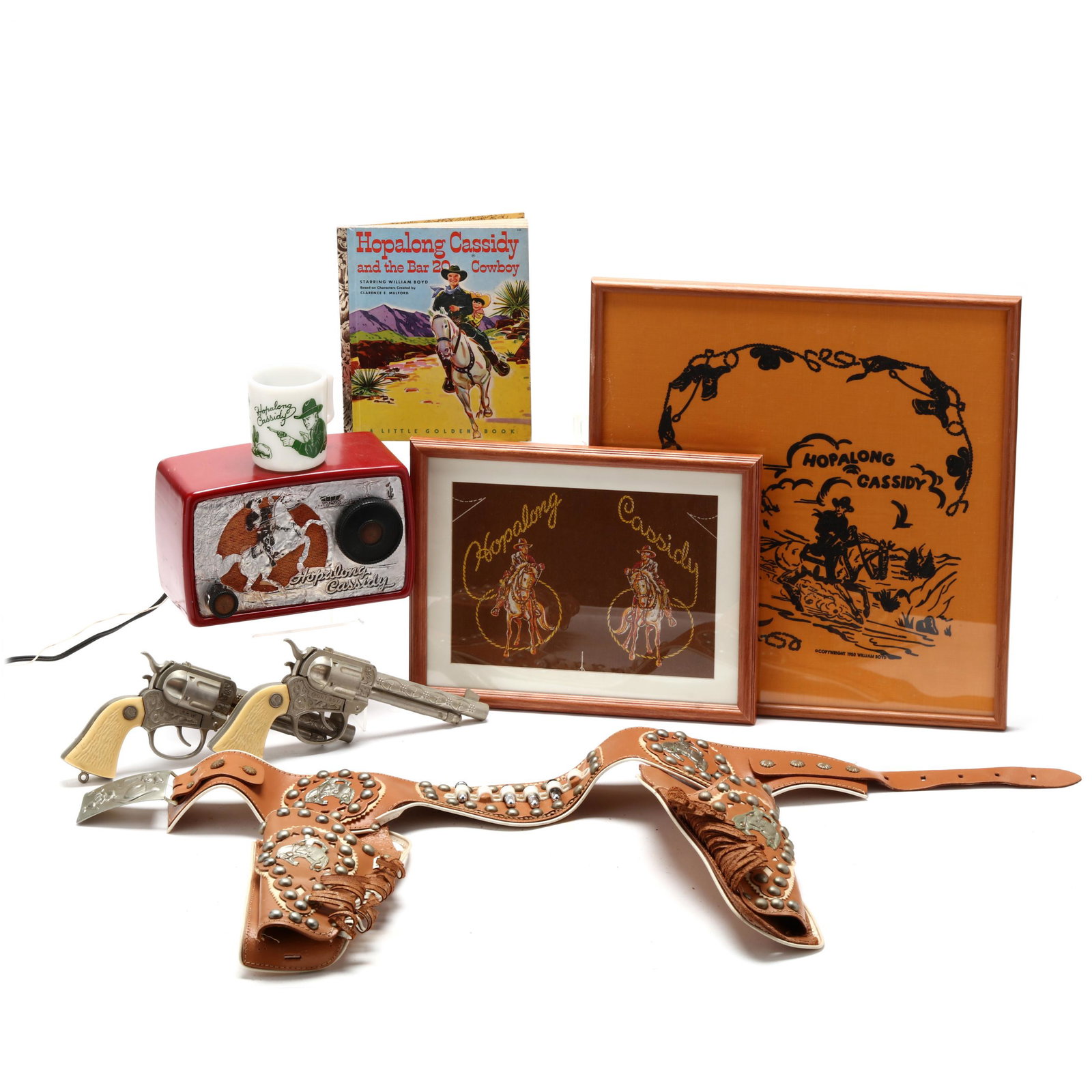 Cowboy Memorabilia, Pony Boy Cap Gun and Holster Set;: Cowboy Memorabilia, Pony Boy Cap Gun and Holster Set; Hopaong Cassidy Items working leather holster with two guns (holster with wear to leather in some areas; loose trim; lacking two 'bullets') (gun 9