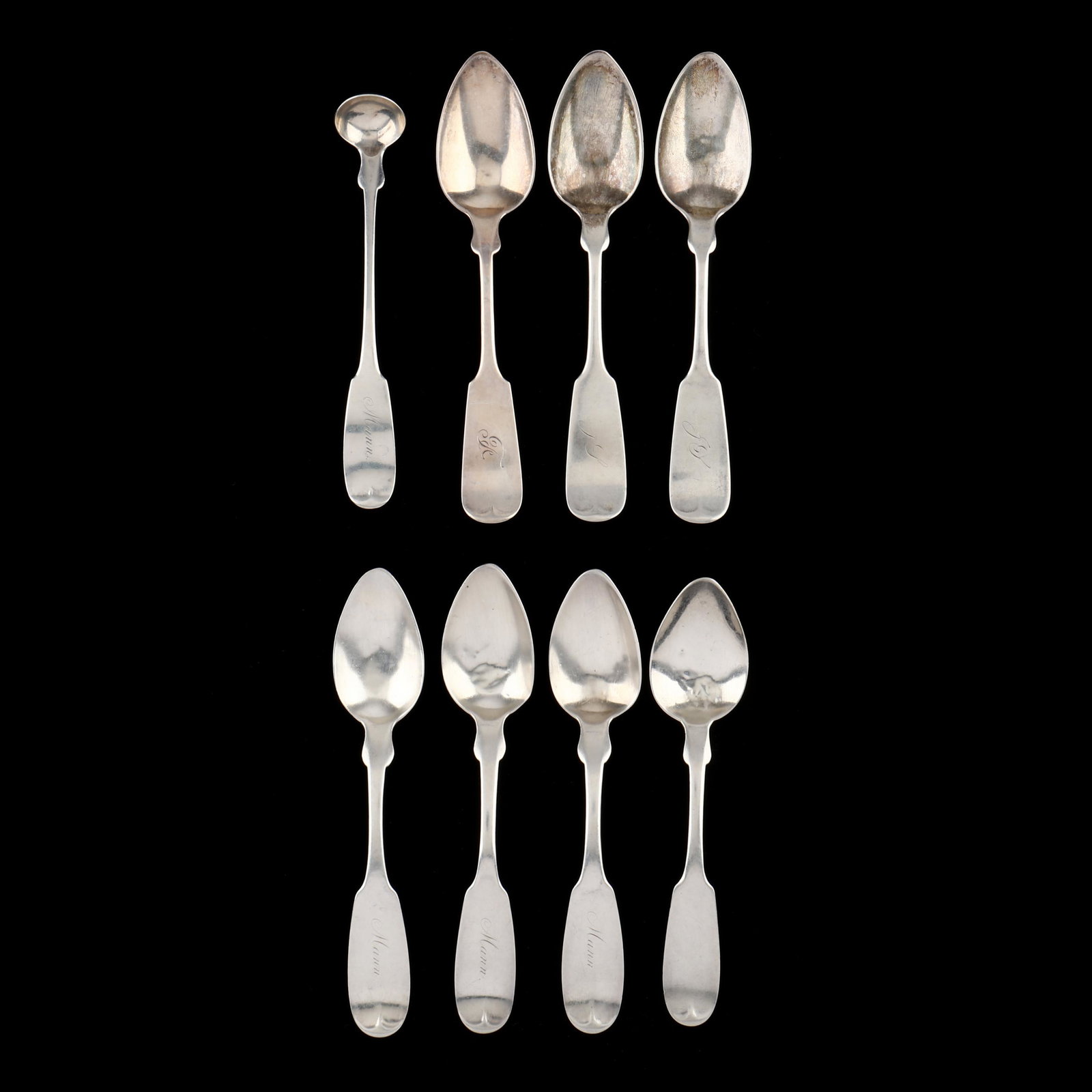 A Grouping of Alabama Coin Silver Teaspoons: A Grouping of Alabama Coin Silver Teaspoonssecond half 19th century, Mobile, Alabama, (8) pieces, including; (3) with mark of John Cook, retailer mark of A. Poetz & Co., various monograms (6 in.); tea