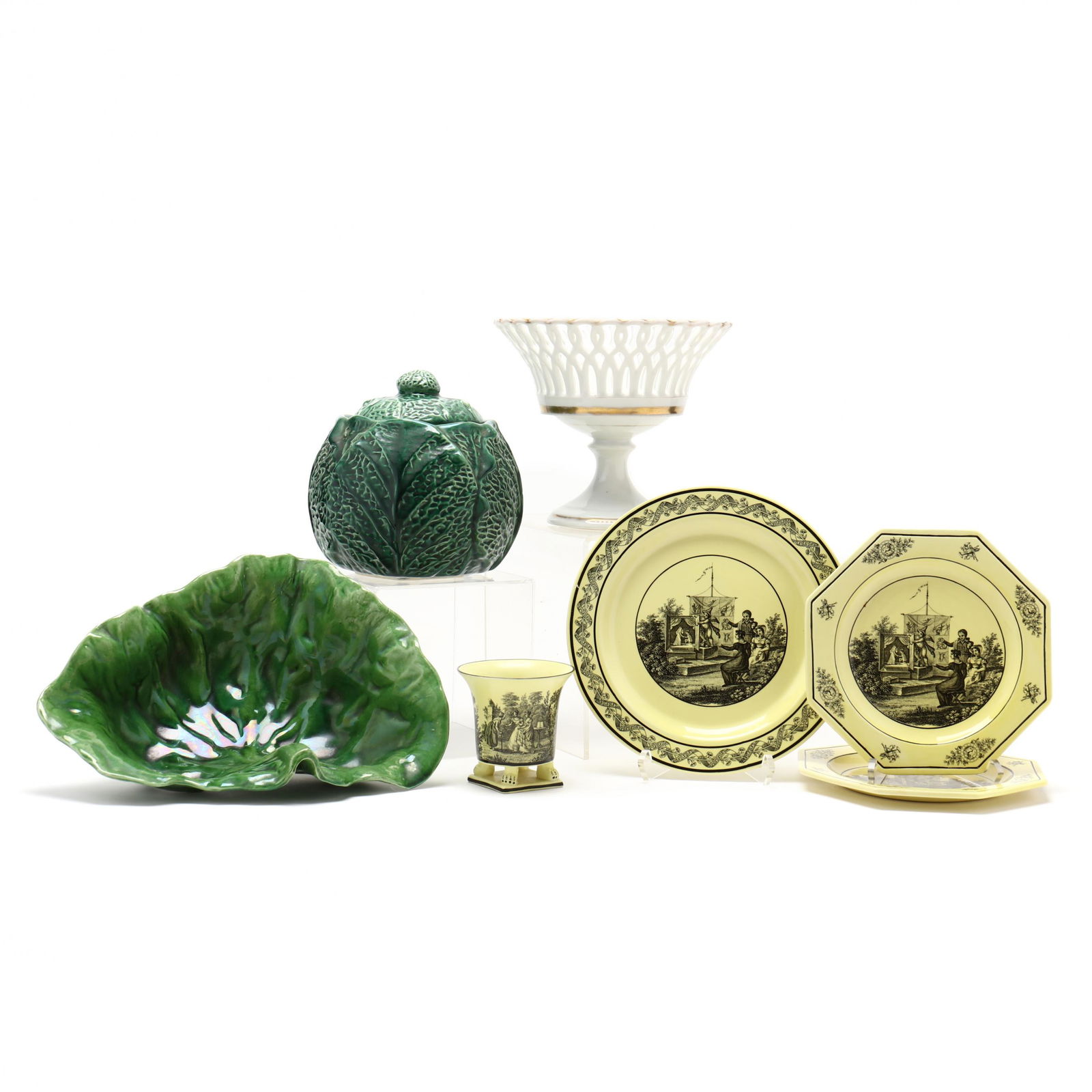 A Group of Continental Decorative Table Accessories: A Group of Continental Decorative Table Accessoriesto include: a majolica cabbage for canister (7 1/2 x 6 1/2 in.); a leaf form center bowl, Portugal, (4 1/4 x 13 x 9 1/2 in.); a (4) piece set of Mott