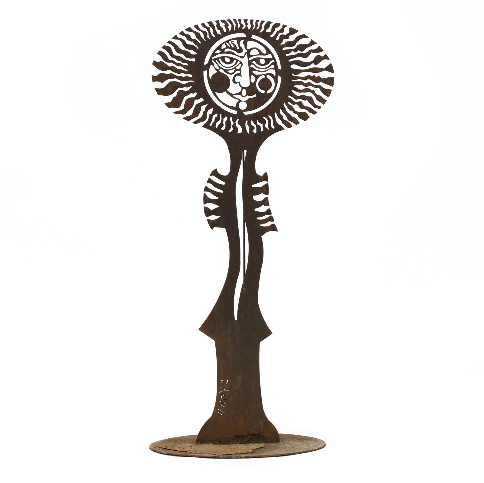 Don Drumm (OH/NC), Outdoor Iron Sun Sculpture: Don Drumm (OH/NC), Outdoor Iron Sun Sculpturelate 20th century, one part form, cut iron in the form of a stylized sun, signed near base. 60 x 25 x 12 in. With a career spanning over 60 years, Don Drum