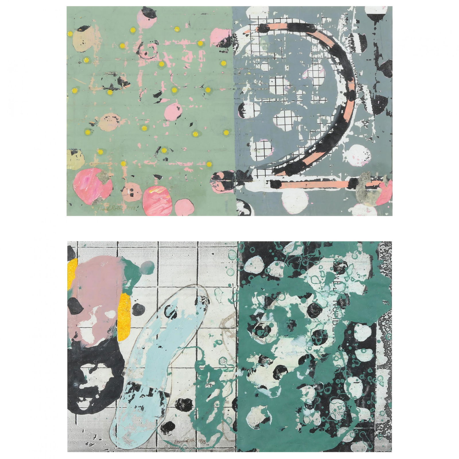 Frank Roth (American, 1936-2019), Two Abstract Mixed: Frank Roth (American, 1936-2019), Two Abstract Mixed Media Works on Paperacrylic and collaged elements on paper, both signed and dated 1993 to lower edge recto, uniformly matted presented behind glass