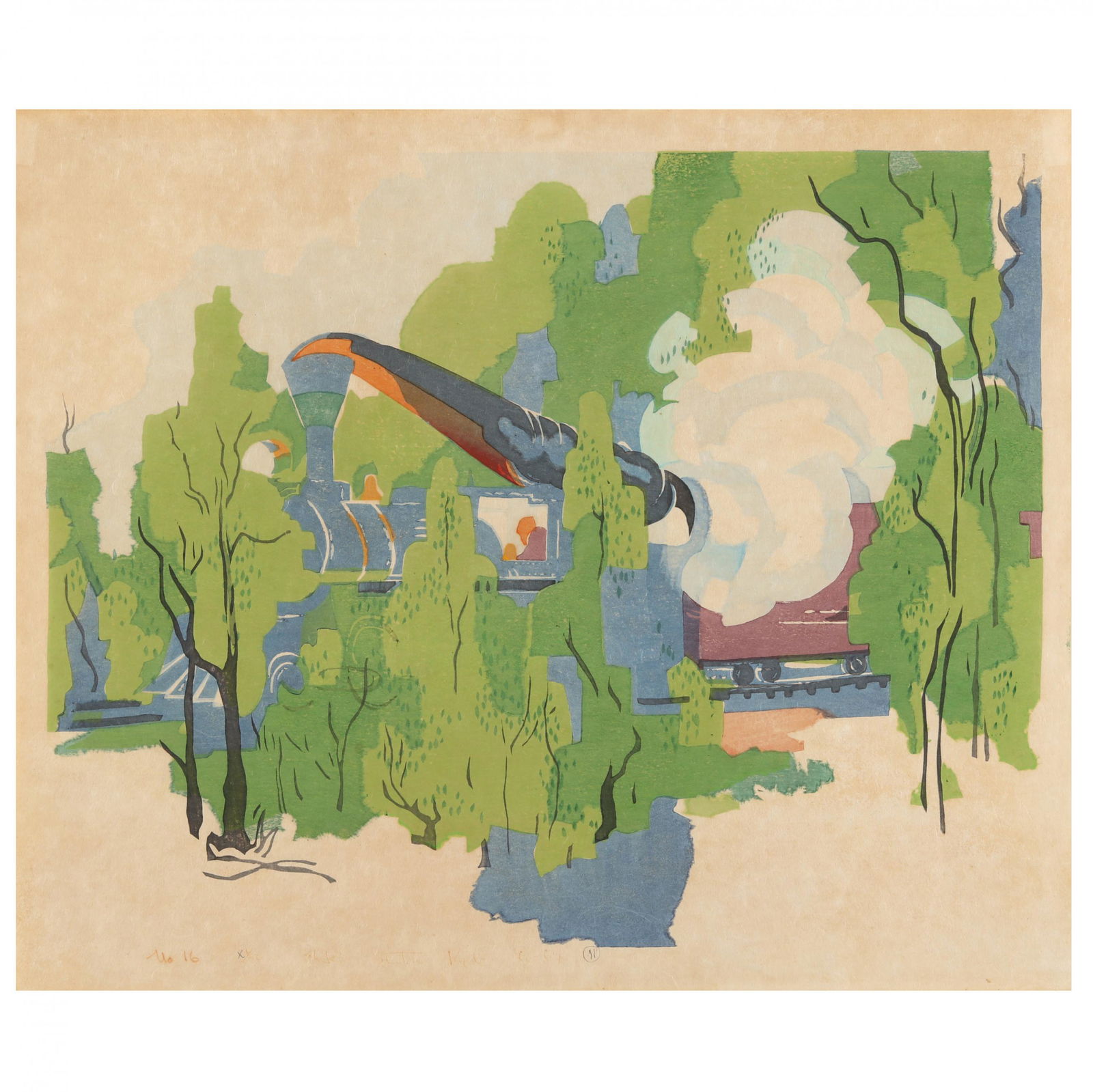 Stanton MacDonald-Wright (American, 1890-1973), A: Stanton MacDonald-Wright (American, 1890-1973), A Train Passes, How the Smoke Swirls, Round the Young Leaveswoodblock print in colors, 1966-67, ink signed, dated, inscribed, and numbered "No. 16 XI/50