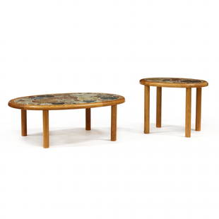 Tue Poulsen (Denmark, b.1939), Two Tile Top Tables: Tue Poulsen (Denmark, b.1939), Two Tile Top Tables1960s, for Haslev Mobelsnedkeri S/A, Denmark, oval tops with inset incised and glazed circular tiles, teak frame with straight rounded legs, including