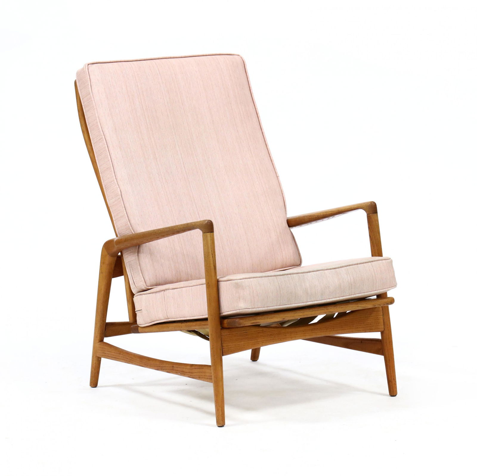 Ib-Kofod Larsen (Denmark, 1921-2003), Reclining Lounge: Ib-Kofod Larsen (Denmark, 1921-2003), Reclining Lounge Chair1960s, for Selig, teak frame, striped pink vinyl upholstery, webbing strap support seat, appears unmarked. 39 x 28 x 33 in. Additional high