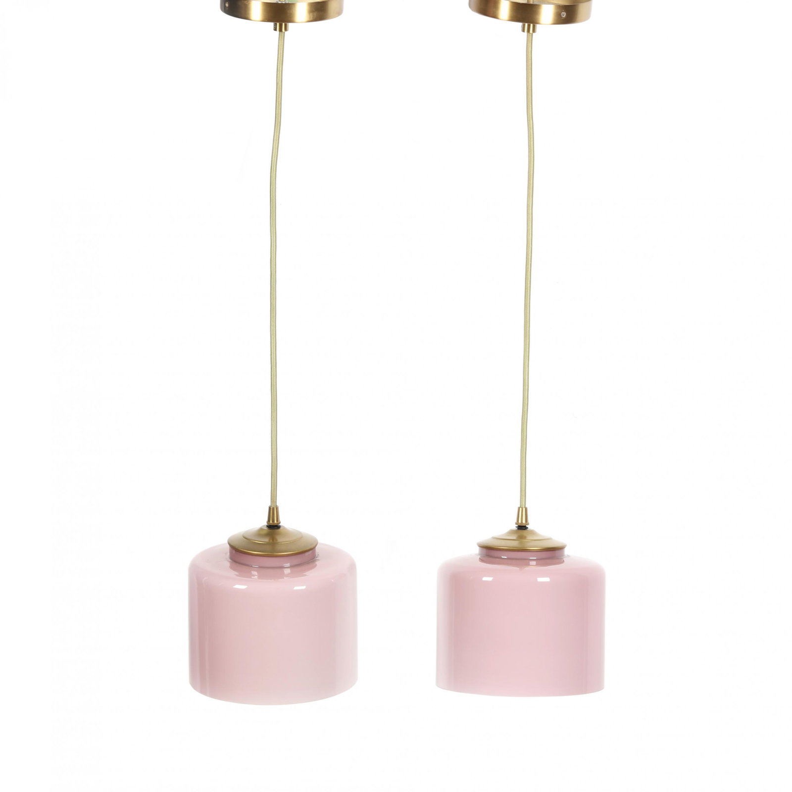 Pair of Modernist Pendant Lights: Pair of Modernist Pendant Lights late 20th century, brushed brass ceiling cap and mount, golden cloth cord, cased pink glass shades. Shades 7 x 7 in. diameter Additional high-resolution photos are ava