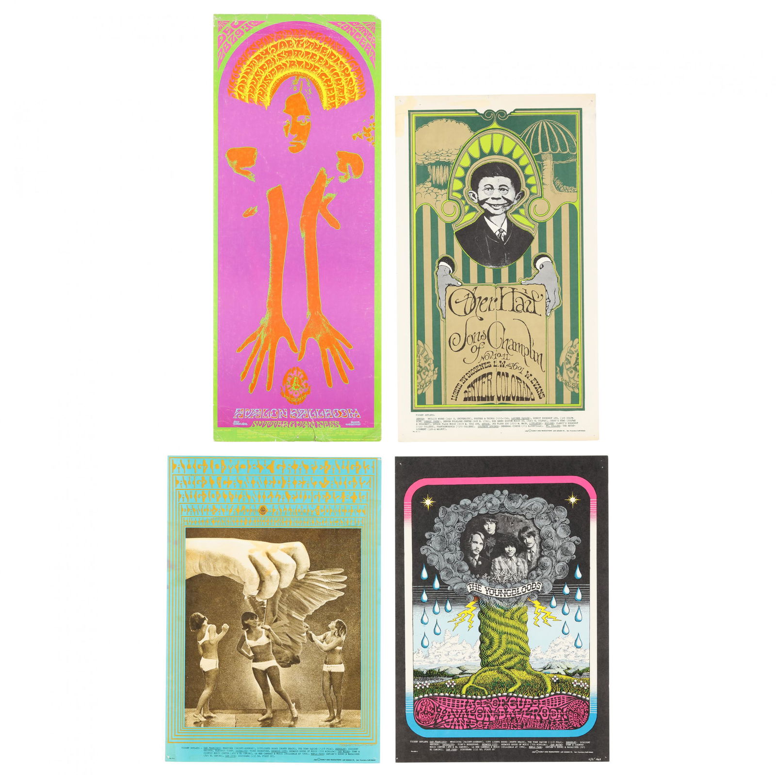 Four Family Dog Concert Posters (1967-68, FD-75, FD-98,: Four Family Dog Concert Posters (1967-68, FD-75, FD-98, FD-100, and FDD-11)The first: FD-75, 1967, Canned Heat, Moby Grape, and Vanilla Fudge, designed by Victor Moscoso, unframed (Sheet size 20 x 14