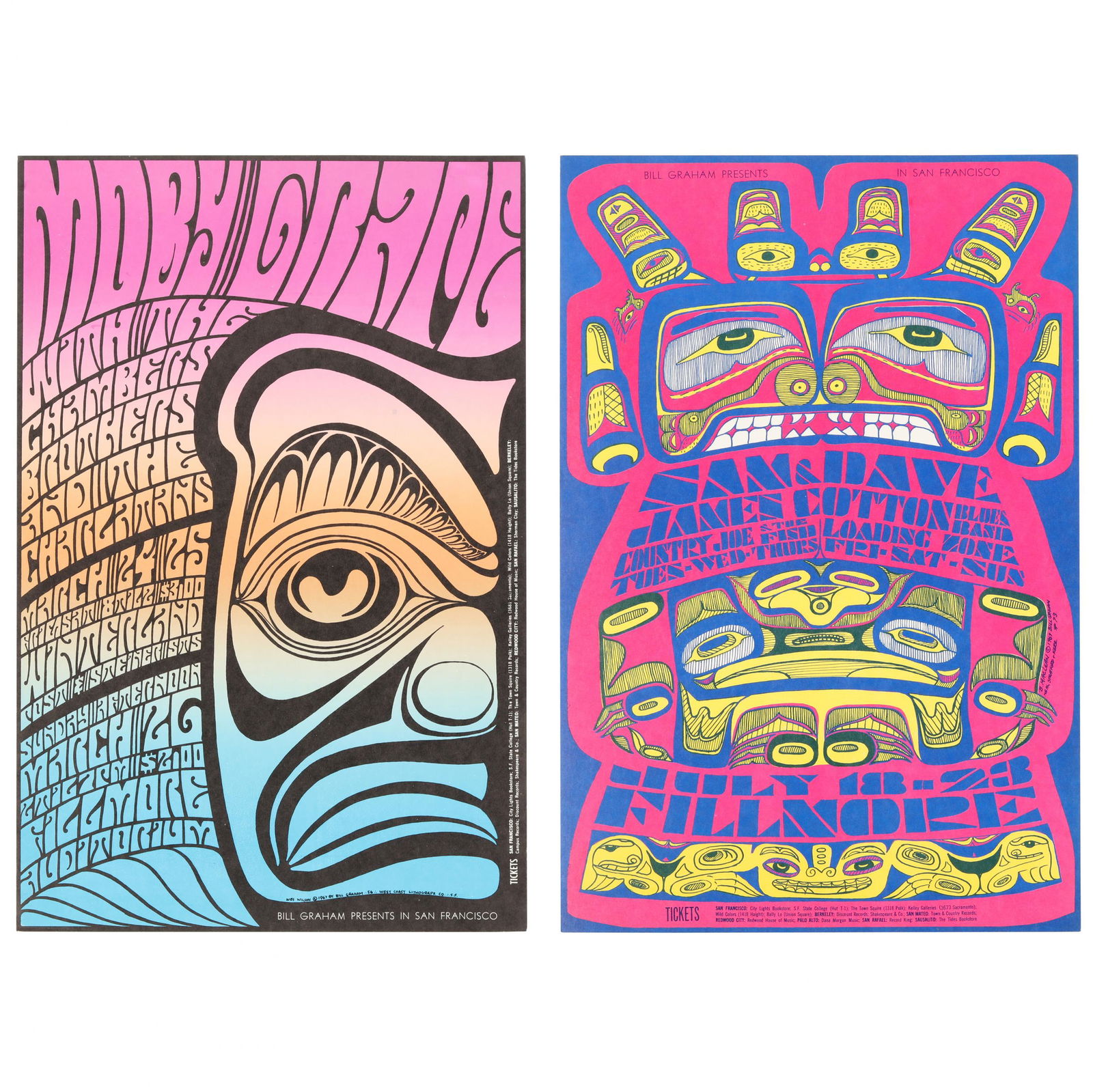 Two Bill Graham Fillmore Auditorium Posters (1967,: Two Bill Graham Fillmore Auditorium Posters (1967, BG-56 and BG-73)The first: BG-56, 1967, Charlatans, Moby Grape, and Chambers Brothers, original first printing, designed by Wes Wilson, unframed (She