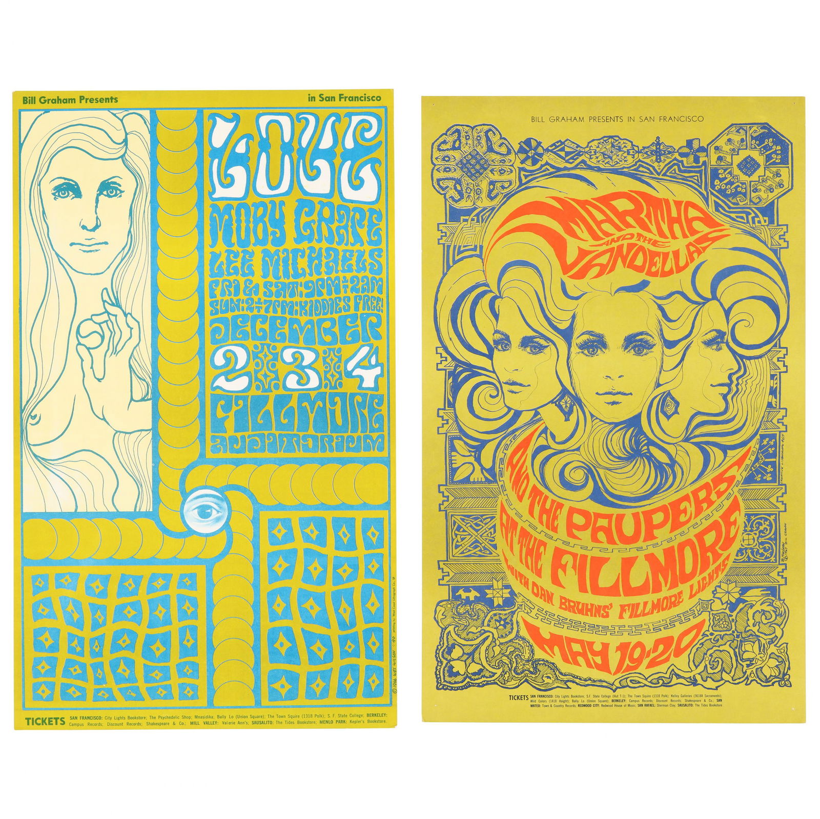 Two Bill Graham Posters, Love and Martha and the: Two Bill Graham Posters, Love and Martha and the Vandellas (BG-40 and BG-64)The first: BG-40, 1966, Love, Moby Grape, and Lee Michaels, appears to be a second print poster or a Type 2 original printin