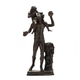 Sabatino de Angelis (Italian, 19th century), Youthful Satyr with Infant Dionysus: Sabatino de Angelis (Italian, 19th century), Youthful Satyr with Infant Dionysusbronze, signed in the casting "Sabatino / Naples / 1883." 27 in. 32 lb. Sabatino De Angelis & Fils was a bronze foundry