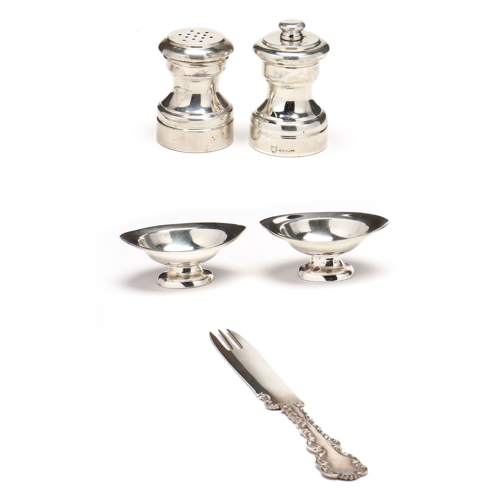 A Grouping of Five American Sterling Silver Table Accessories: A Grouping of Five American Sterling Silver Table Accessories including: a Whiting Louis XV cheese knife, retailer mark of George C. Shreve & Co. (7 7/8 in.); a salt and pepper grinder/shaker set by R