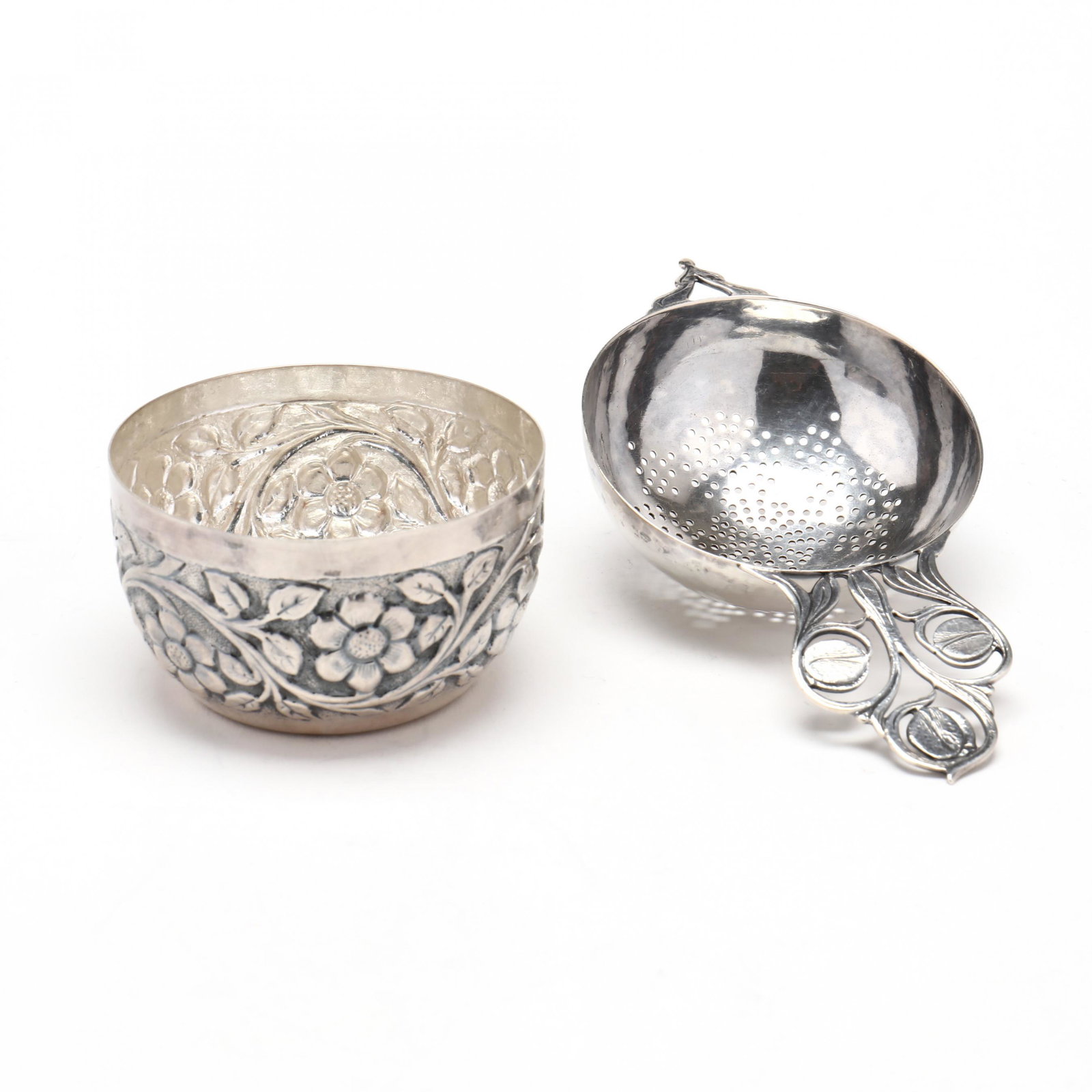 A Silver Tea Strainer and Floral Cup (1 of 6)
