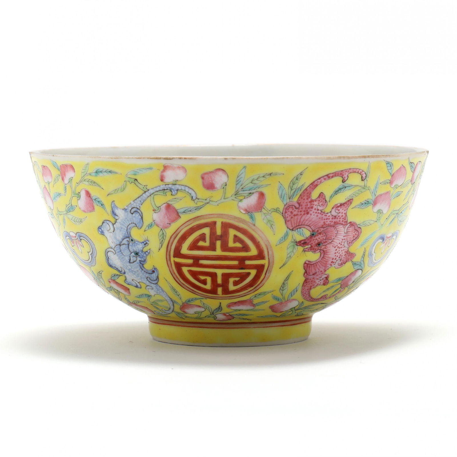A Chinese Porcelain Yellow Ground Famille Rose Longevity Bowl (1 of 6)