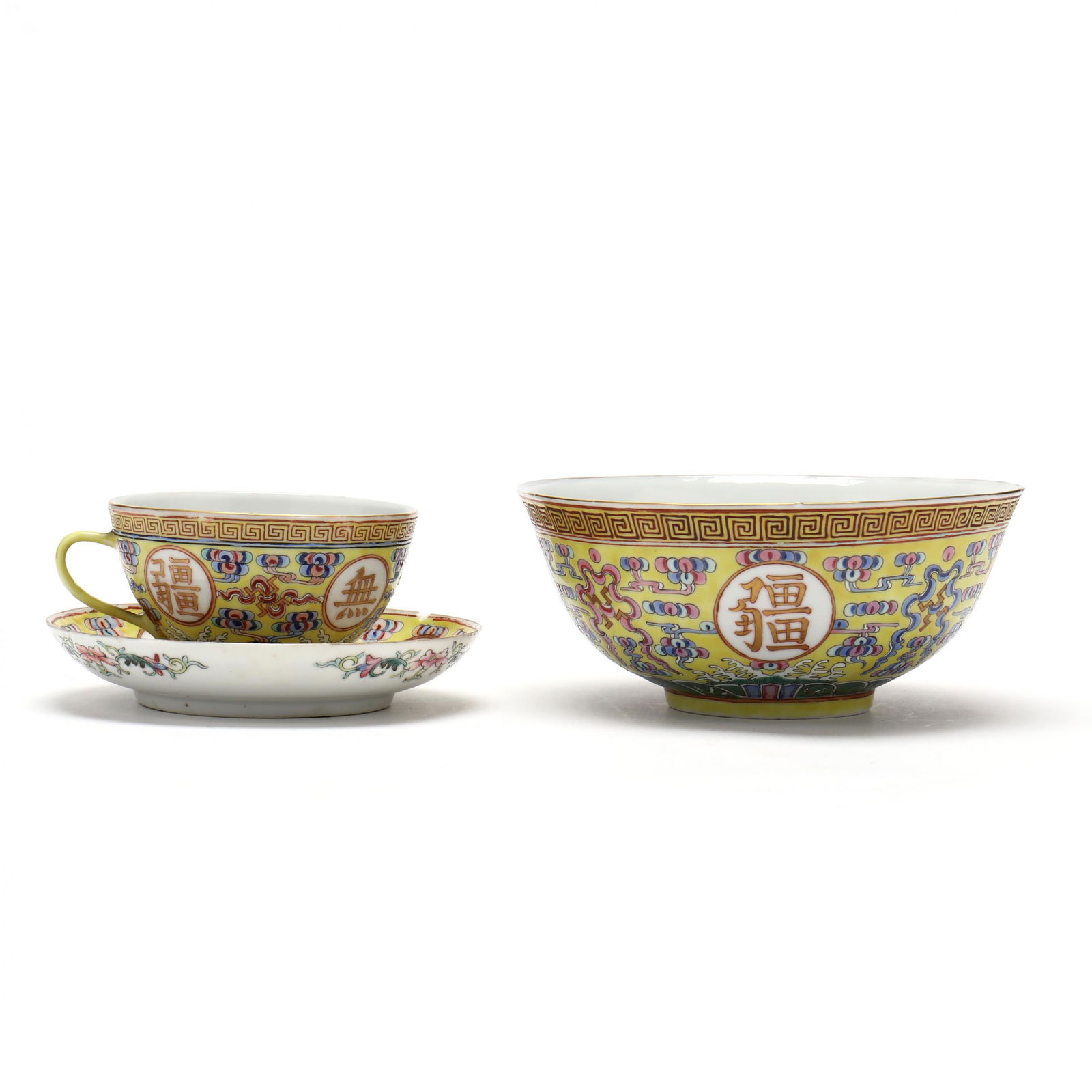 A Chinese "Birthday" Porcelain Bowl and Teacup with Saucer (1 of 6)