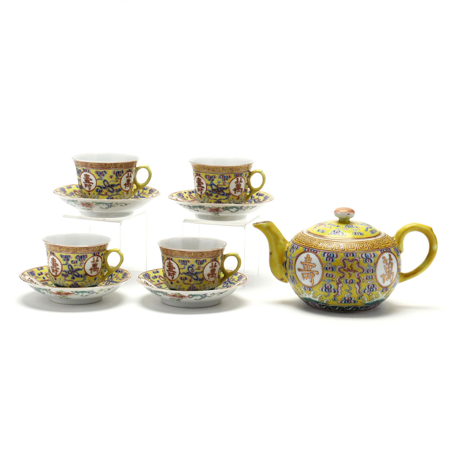 A Chinese "Birthday" Porcelain Teapot and Four Teacups with Saucers (1 of 9)