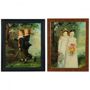 Two Contemporary Decorative Portraits of Children: Two Contemporary Decorative Portraits of Childrenoil on canvas, unsigned, late 20th century; the first after The Ragan Sisters by Jacob Eichholtz (American, 1776-1842), framed (36 1/2 x 28 1/4 in.); t