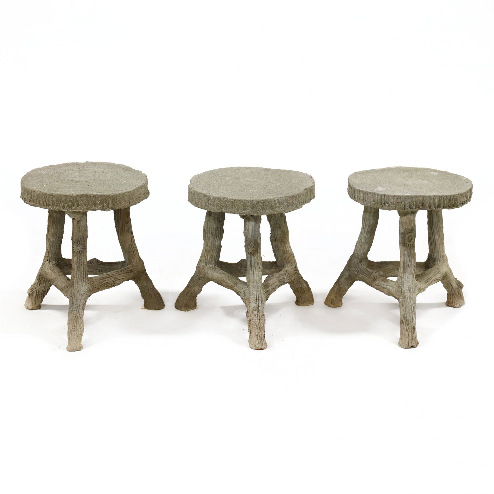 A Set of Three Cast Stone Faux Bois Round Stools (1 of 4)