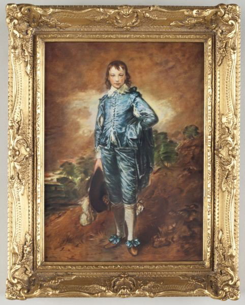 Bavarian Porcelain Plaque of Blue Boy: Bavarian Porcelain Plaque of Blue Boy 19th century, hand-painted after Thomas Gainsborough's famous "Blue Boy," unsigned, the back of the plaque stamped "H& C Selb/Bavaria Germany/ Heinrich" entitled 