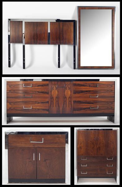 Milo Baughman Mid Century Bedroom Suite: Milo Baughman Mid Century Bedroom Suite (6) pieces to include: triple dresser, wardrobe, nightstand, mirror and two single headboards. Each piece handsomely veneered with book-matched rosewood fronts,