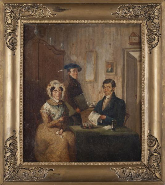 Dutch School (19th century), Publishing Family: Dutch School (19th century), Publishing Family oil on canvas (lined), unsigned, depicting three figures in an upper middle class domestic interior, the seated gentleman holding a copy of "The Bredasch