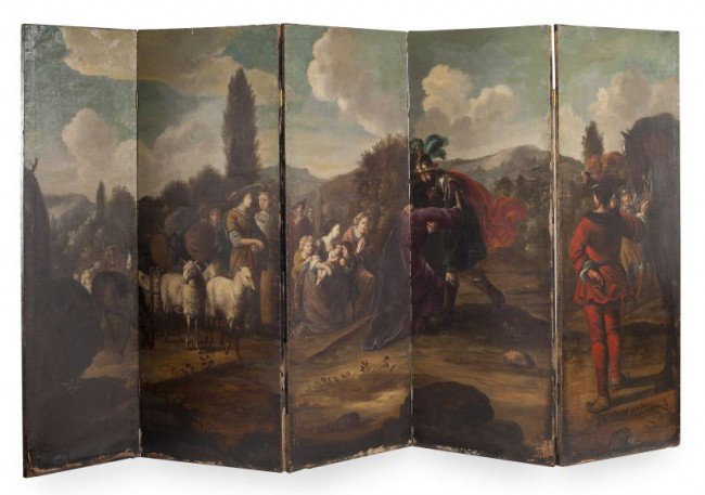 Italian Old Master Painting, 18th century: Italian Old Master Painting, 18th century converted for use as a large folding screen, oil on canvas (lined), depicting a scene with a gentleman supplicating himself before the Roman tax collector on 