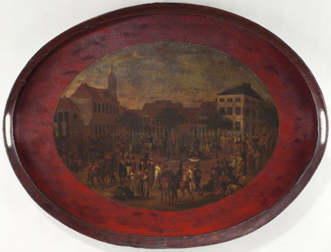 English Tole Decorated Red Tray: English Tole Decorated Red Tray 19th century metal tray of oval form hand painted in the early 20th century with a red field and a scene of townsfolk enjoying a Sunday afternoon in The Commons. Wire a