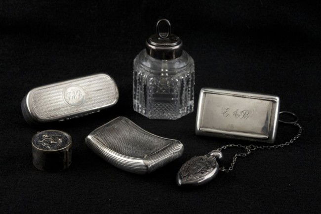 Victorian Sterling Silver Vanity Items: Victorian Sterling Silver Vanity Items (6) items including: a silver snuff box (Birmingham, 1876, "RT" sponsor's mark), engine turned decoration, interior cover inscribed "From John" and monogrammed "