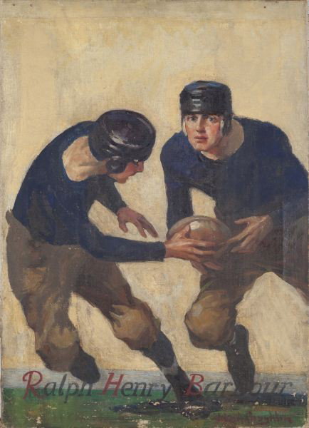 John Coughlin (NY, 20th c.), Leatherheads: John Coughlin (NY, 20th c.), Leatherheads oil on canvas, signed at lower right "John A. Coughlin," inscribed at lower center "Ralph Henry Barbour" and "Cover Design by J. A. Coughlin," unframed. 26.5 