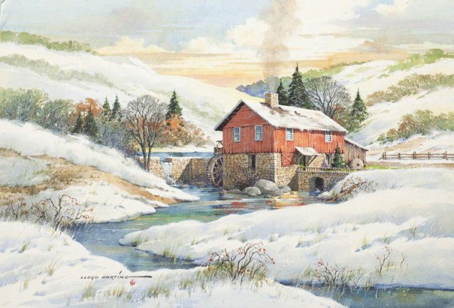 Lloyd Harting (CA/MN, 1901-1974), Mill in Winter: Lloyd Harting (CA/MN, 1901-1974), Mill in Winter watercolor and whitening on illustration board, signed and dated at lower left "Lloyd Harting / '41," bearing artist's copyright stamp on the verso, ma