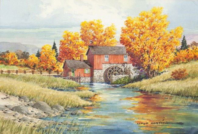Lloyd Harting (CA/MN, 1901-1974), Mill in Fall: Lloyd Harting (CA/MN, 1901-1974), Mill in Fall watercolor and whitening on illustration board, signed and dated at lower right "Lloyd Harting / '41," bearing artist's copyright stamp on the verso, mat