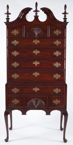 Kindel Queen Anne Style Highboy: Kindel Queen Anne Style Highboy mahogany, oval Kindel mark to interior of drawer and label to back reading: "Oxford, Ma. 166-5-DK/24." Classic one piece form with broken arch pediment; upper and lower