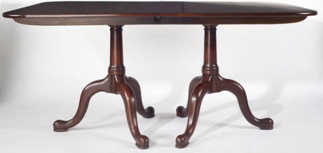 Queen Anne Style Henkel Harris Dining Table: Queen Anne Style Henkel Harris Dining Table mid-20th century, mahogany, rectangular top with rounded corners over a double pedestal base, retains original Henkel Harris Winchester, VA paper label (mod