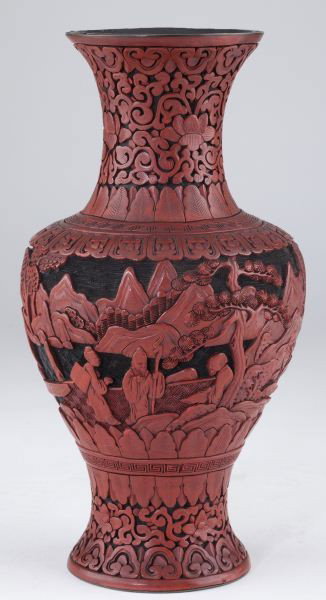 Chinese Qing Dynasty Cinnabar Vase: Chinese Qing Dynasty Cinnabar Vase red and black lacquers, the body decorated with a figural landscape, the neck and base having scrolled floral patterns. 10 in.