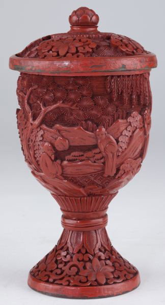 Chinese Qing Dynasty Cinnabar Lidded Chalice: Chinese Qing Dynasty Cinnabar Lidded Chalice overall red lacquer with sky blue enameled interior, the cup's body decorated with a figural landscape; floral patterns on the lid and base. 7 in.